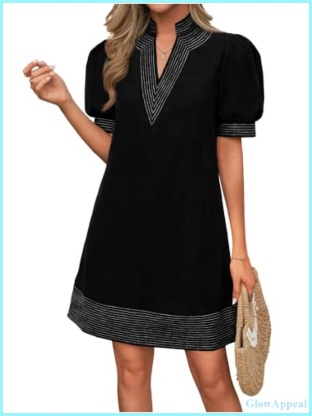 Womens V Neck Puff Short Sleeve Boho Mini Shift Dress Pockets